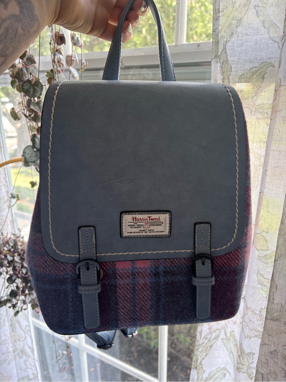 Harris Tweed Navy Plaid Leather-Trim Backpack